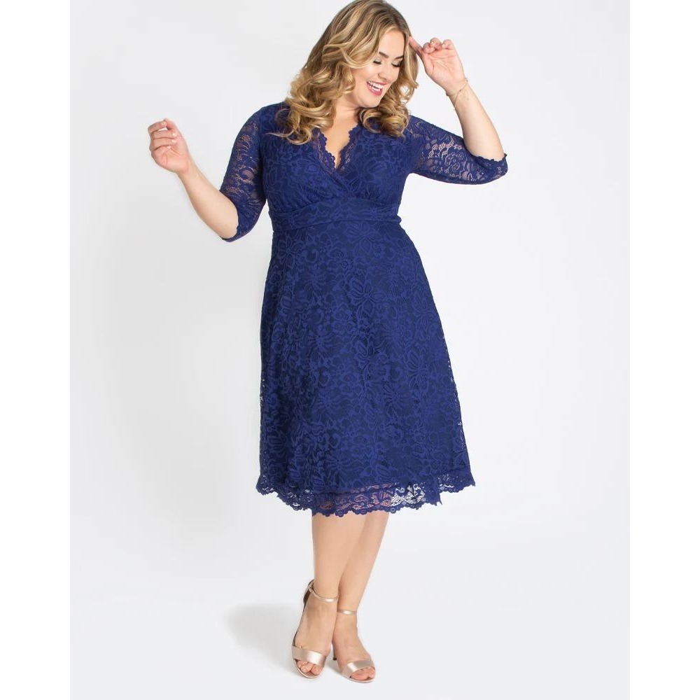 Kiyonna Mademoiselle Lace Dress Surplice V-Neck Women 3X Navy Blue NWT $168